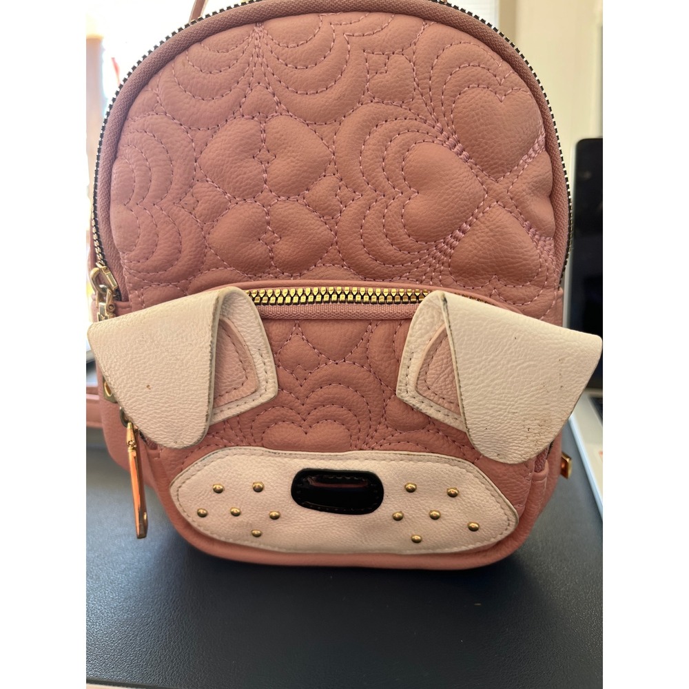 Betsey Johnson Pink Quilted Heart Dog Face Mini Backpack Purse‎ Gold Hardware